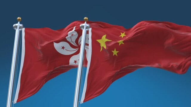 4k Seamless Hong Kong and China Flags with blue sky background;A fully digital rendering;The animation loops at 20 seconds;HK CHN CN.