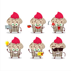 Birthday strawberry muffin cartoon character with various types of business emoticons