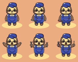 Vector illustration of cute Little Sloth Mechanic cartoon set. Good for icon, logo, label, sticker, clipart.
