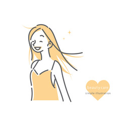 キャミソール姿の女性のシンプルでナチュラルな線画イラスト　美しい髪