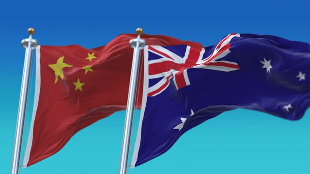 4k Seamless Australia and China Flags with blue sky background;A fully digital rendering;The animation loops at 20 seconds;AUS AU CHN CN.