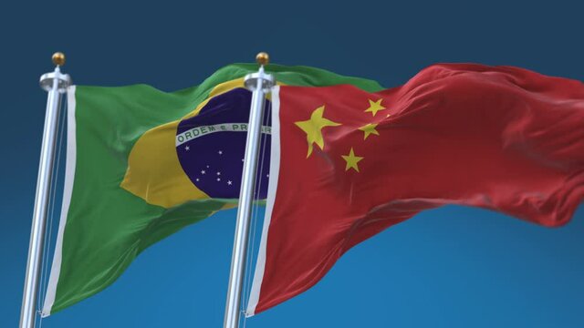 4k Seamless Brazil and China Flags with blue sky background;A fully digital rendering;The animation loops at 20 seconds;BRA BR CHN CN.
