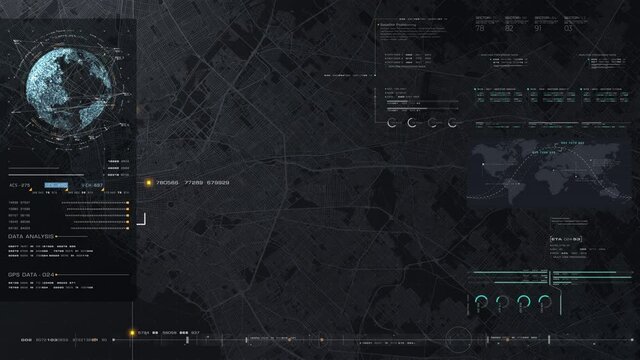 Futuristic digital city map layout with satellite GPS coordinate searching and target tracking, interface head up display screen with data telemetry information for background display