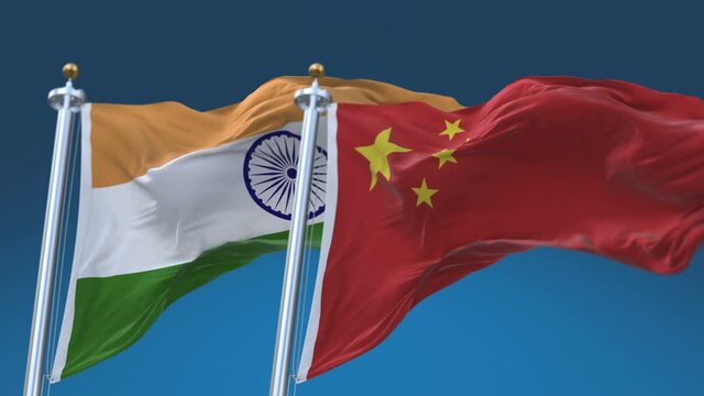 4k Seamless India and China Flags with blue sky background;A fully digital rendering;The animation loops at 20 seconds;IND IN CHN CN.