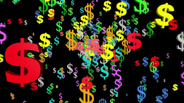 Colorful dollar signs imploding on screen. 3d animation render isolated on black background. Zoom out. 