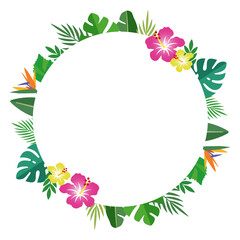 南国の花と葉、ボタニカル。かわいい背景装飾、丸型。ラベル素材