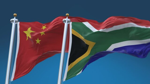 4k Seamless South Africa and China Flags with blue sky background;A fully digital rendering;The animation loops at 20 seconds;ZA CHN CN.