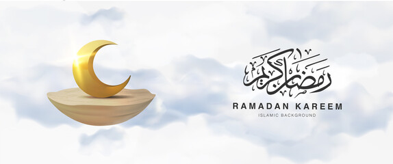 Realistic Ramadan Kareem horizontal banner template design. 3d gold crescent moon stand on floating desert . web poster, flyer, stylish brochure, greeting card, cover. Vector illustration. 