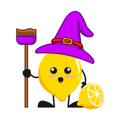 vector illustration of cute lemon fruit halloween or character witch broom. cute lemon fruit Concept White Isolated. Flat Cartoon Style Suitable for Landing Page, Banner, Flyer, Sticker.