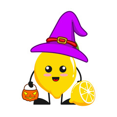 vector illustration of cute lemon fruit halloween or character witch pumpkin. cute lemon fruit Concept White Isolated. Flat Cartoon Style Suitable for Landing Page, Banner, Flyer, Sticker.