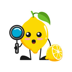 vector illustration of cute lemon fruit or character holding magnifying glass. cute lemon fruit Concept White Isolated. Flat Cartoon Style Suitable for Landing Page, Banner, Flyer, Sticker.