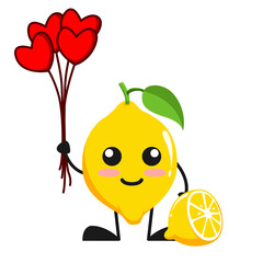 vector illustration of cute lemon fruit valentine or character holding love balloon. cute lemon fruit Concept White Isolated. Flat Cartoon Style Suitable for Landing Page, Banner, Flyer, Sticker.
