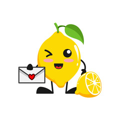 vector illustration of cute lemon fruit valentine or character holding mail love. cute lemon fruit Concept White Isolated. Flat Cartoon Style Suitable for Landing Page, Banner, Flyer, Sticker.