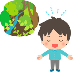 深呼吸する若い男性と森林のイメージ