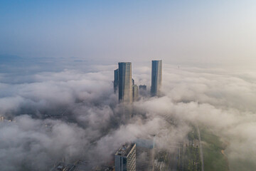 A City shrouded in fog in the morning, Nanchang, China 