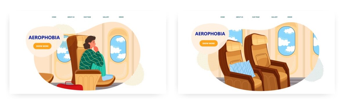 Aerophobia Landing Page Design, Website Banner Vector Template Set. Unhappy Frightened Woman Experiencing Fear Of Flying