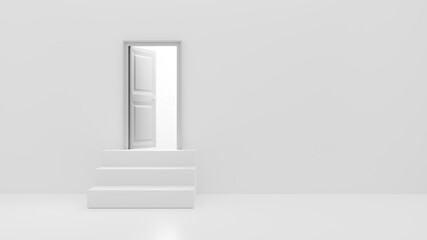 Door on stairs in a bright white room opens and fills the space with bright white. 3D render opening door.