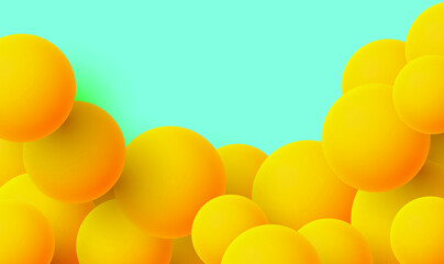 3d realistic yellow spheres  dynamic shapes on blue background. Modern cover banner template balls or particles design. Glossy realistic ball. Metal bubbles with shadow. Glossy Spheres. Vector illustr