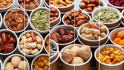Collage of different types of nuts in ecofriendly cups high in vegan protein, vitamins and antioxidants for immune system boosting.