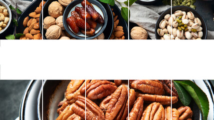 Different types of nuts, seeds and dried fruits on black background.