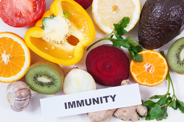 Inscription immunity and fresh fruits with vegetables. Source natural vitamins and minerals. Beneficial eating in times of Covid-19