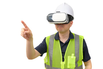 Man wearing virtual reality goggles. Studio shot, white background.
