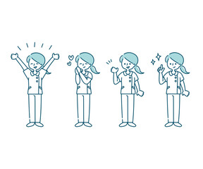 白衣を着た女性看護師の感情表現イラスト（全身）