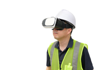 Man wearing virtual reality goggles. Studio shot, white background.