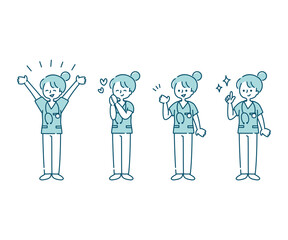 スクラブを着た女性看護師の感情表現イラスト（全身）