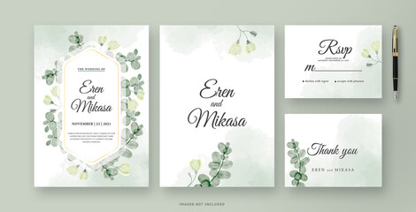 Fototapeta na wymiar The beautiful Wedding invitation card with eucalyptus leaf watercolor