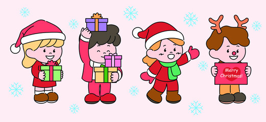 Cute little characters with Santa hats and reindeer horns are holding gift boxes. hand drawn style vector design illustrations. 