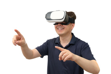 Naklejka premium Man wearing virtual reality goggles. Studio shot, white background.