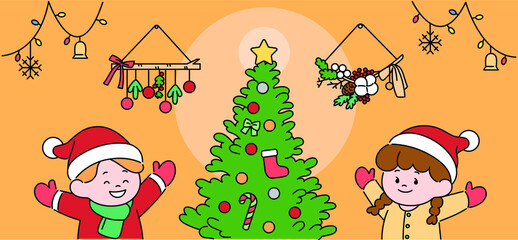 Children in Santa hats are enjoying the Christmas tree. hand drawn style vector design illustrations. 