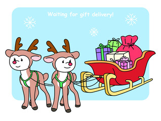 Fototapeta premium Cute reindeer character and santa's sleigh with gifts. Christmas card. hand drawn style vector design illustrations. 