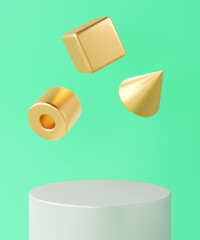 White cylinder base and three floating gold geometric objects on turquoise background, minimalist background for branding and presentation. 3d rendering