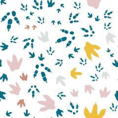 Dinosaur footprint tracks. Minimal color seamless pattern. Background with paw, claw predator. Dinosaur footprint seamless pattern perfect for textile, wrap and wallpaper and design.