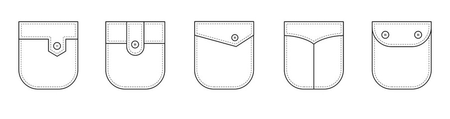 Fototapeta premium Patch pocket. Set of uniform patch pockets shapes for clothes, dress, shirt, casual denim style. Isolated icons.