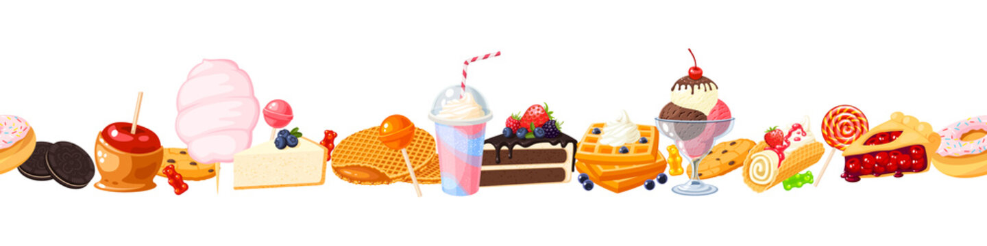 Seamless horizontal composition of sweets, pastries and candies, template element for packaging design. Vector illustration flat icon border set on white background.