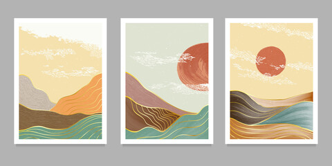 set of creative minimalist hand painted illustrations of Mid century modern. Natural abstract landscape background. mountain, forest, sea, sky, sun and river