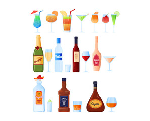 Alcohol drink bottle, cognac transparent glass with beverage, golden color, cartoon style vector illustration, isolated on white.