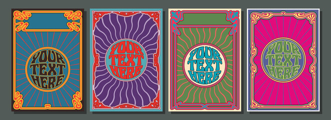 Art Nouveau Style Frames, Psychedelic Colors, Template Set for Retro Posters and Covers