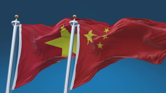 4k Seamless Vietnam and China Flags with blue sky background;A fully digital rendering;The animation loops at 20 seconds;VIE VN CHN CN.