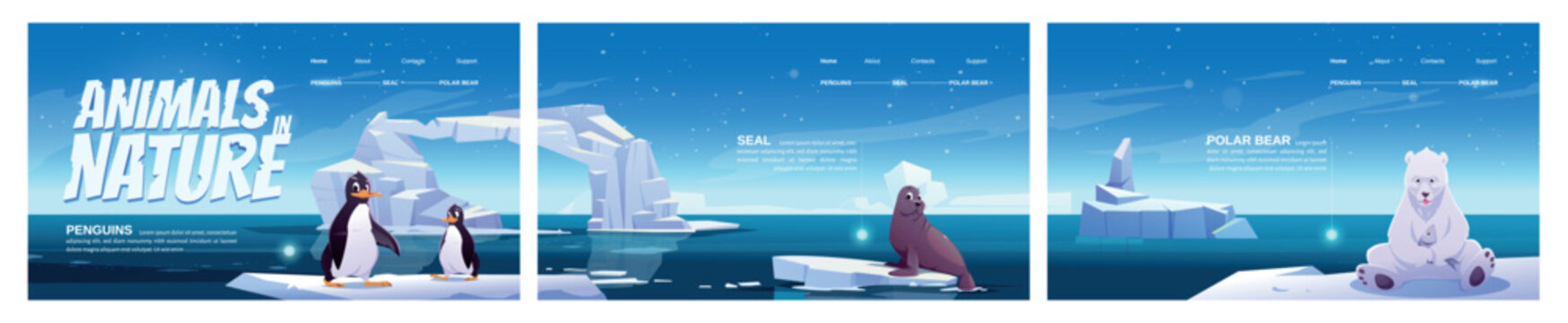 Animals in nature cartoon landing pages. Wild penguins, polar bear and seal sit on ice floes in sea. Antarctica or North Pole inhabitants in outdoor area, ocean. Beasts in fauna vector web banners set