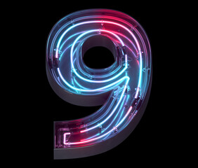 Metal neon mirror font. Ultraviolet light. Number 9. 