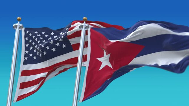 4k Seamless United States of America And Cuba Flags with blue sky background;A fully digital rendering;The flag 3D animation loops at 20 seconds;USA US CUB CU.