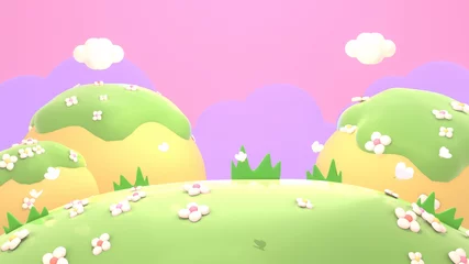 Fotobehang Boerderij Cartoon spring flowers mountain landscape, white clouds, and pink purple sky. 3d rendering picture.  © tykcartoon