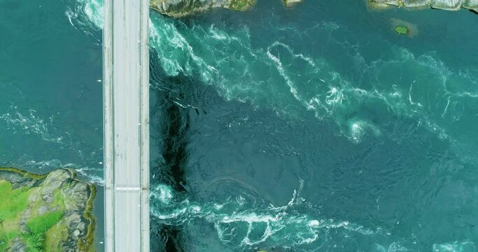 Drone top down view of the strong whitewater in Saltstraumen maelstrom