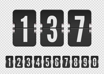 Set of black flip numbers on a mechanical score board on transparent background. Vector template for your design.