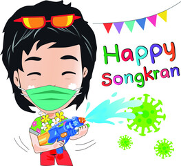 Songkran festival during the COVID era, wearing a surgical mask, splashing water to kill germs, preventing coronavirus