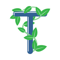 Letter T in floral style with a branch and leaves. Template element for logo design, creative monogram.